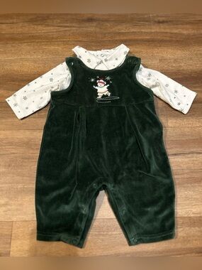 Vintage Circo Green Velour Holiday Overalls & Snowflake Top Set
